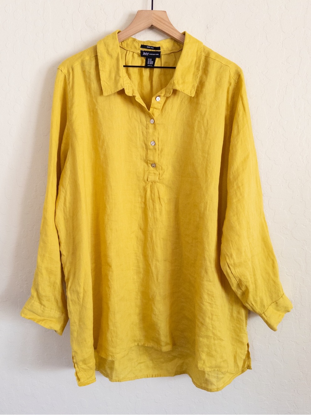 Jones New York 100% Linen Long Sleeve Relaxed Fit Popover Tunic Top 2X Yellow